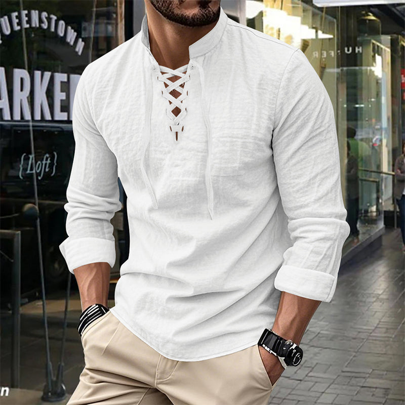 👔 50% OFF NOW! 💎 Men's Casual Solid Color Shirt – Lace-Up Neck, Modern Stand Collar & Breathable Cotton ✨